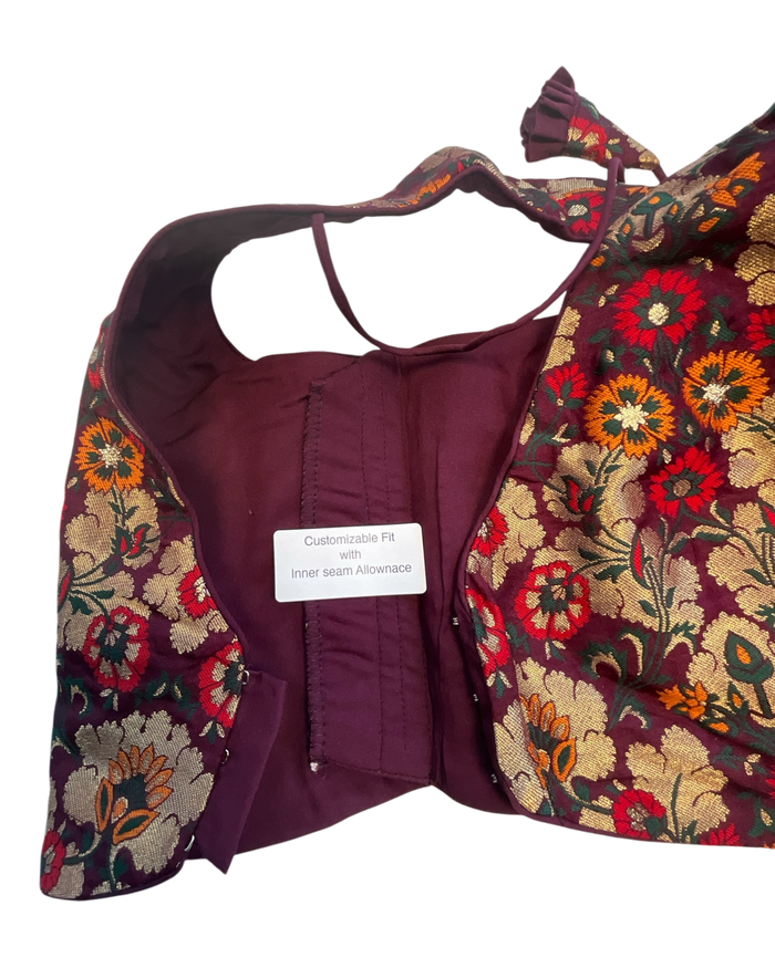36" / UK 10 - Wine - Rich Banarasi Designer Saree blouse with cups, Sleeveless - UK Stock - Quick Delivery - RNK - R1007-KK