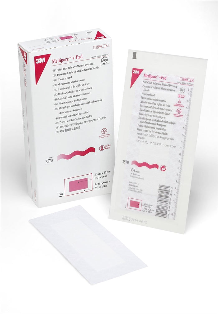 3M Medipore Soft Cloth: 3.5" x 8", 25 Count, Sterile White