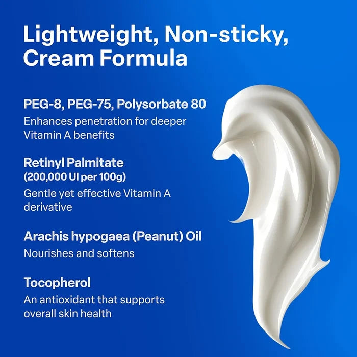 Cream formula with ingredients listed on a blue background