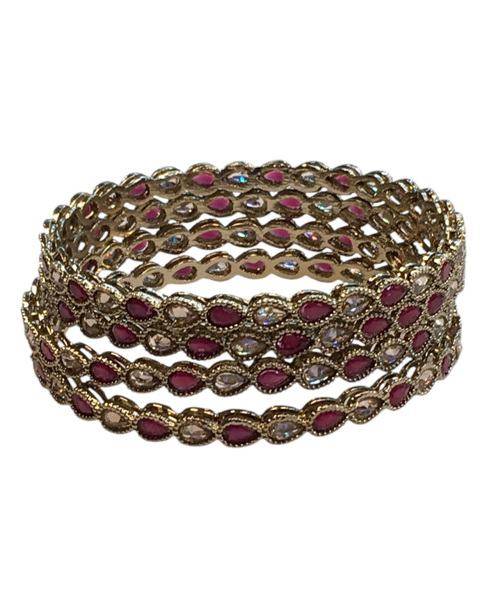 Antique Gold Finish FUCHSIA / MAGENTA Reverse Stone Bangles (Set of 4) - Mix N Match - NBA2401Jp