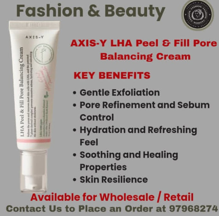 AXIS-Y LHA Peel & Fill Pore Balancing Cream with key benefits listed on a gray background