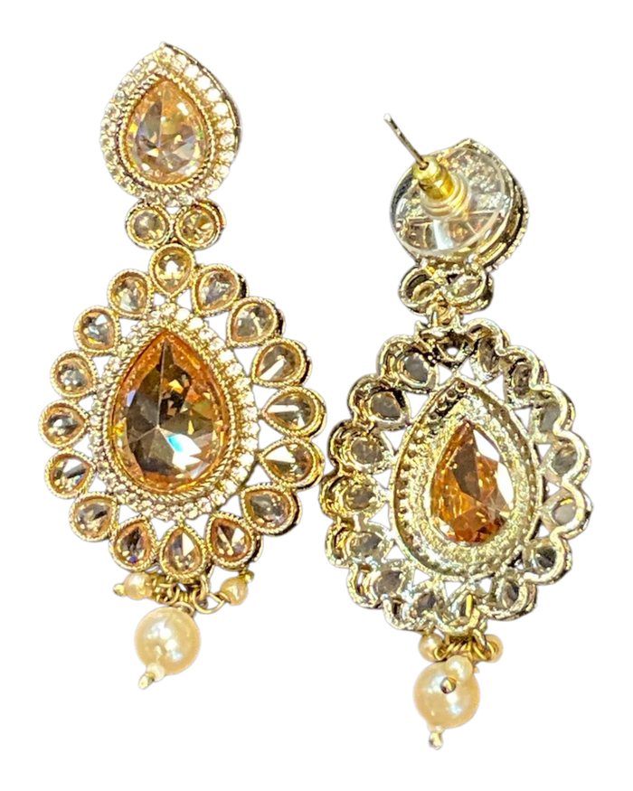 Baby Pink - Large - Antique Gold Finish Traditional Earrings - Bollywood - Weddings - 15ER549 07A26