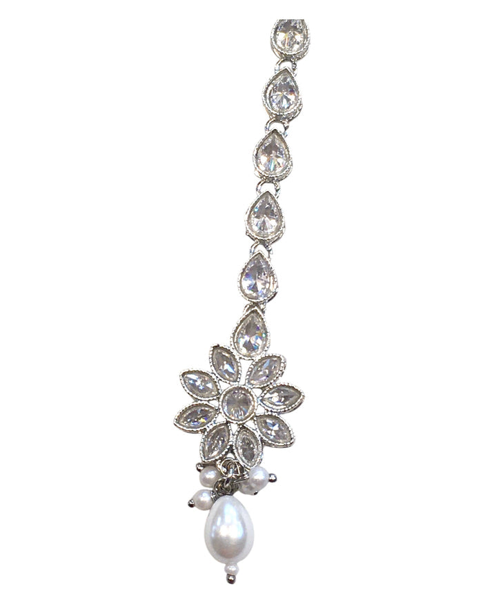 Clear / White - Silver Finish Medium Size Tika Head Piece - Indian Ladies Fashion Jewellery - AE2437 11Vp24
