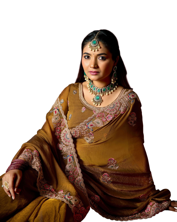 Dark Gold - Fancy Party Saree with Blouse Piece - UK stock - 24hr Dispatch - LTF901 07VV26