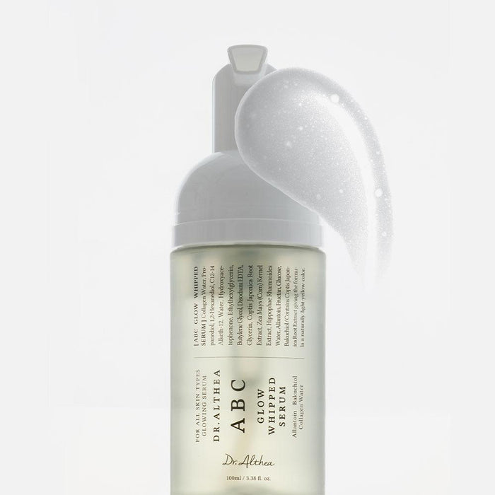 Dr. Althea ABC Glow Whipped Serum 100mL Korean 3-in-1 vegan brightening skincare product that functions as a toner, serum, and hydrating bubble mask. It features an innovative "foam-to-water" texture that dispenses as an airy foam and melts into a lightweight, non-sticky liquid upon skin contact for a glowing glass-skin finish.