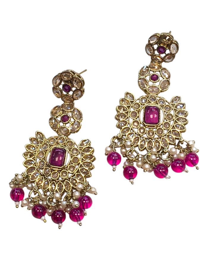 Fuchsia - Large - Antique Gold Finish Traditional Earrings - Bollywood - Weddings - PRI1773 11Tp24