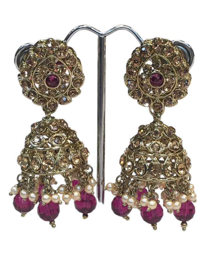 Fuchsia Magenta Pink - Large Size Antique Gold Finish Necklace Set with Earrings - JIG49 11H24