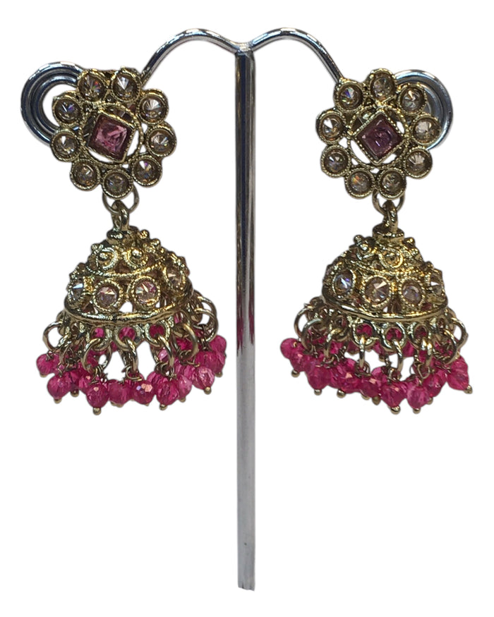 Fuchsia Magenta Pink - Medium Size Antique Gold Finish Necklace Set with Earrings - PRI1786 11H24