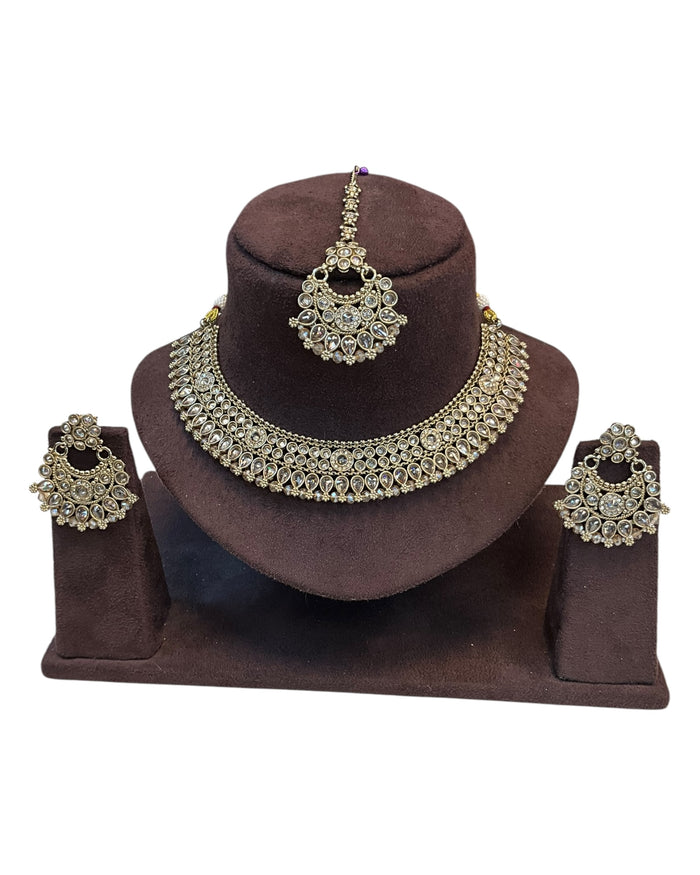 Gold - Large Size Antique Gold Finish Necklace Set with Earrings & Tika Head Piece - SJ01 KVp