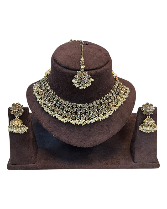 Gold / Neutral / Pearl - Large Size Antique Gold Finish Necklace Set with Earrings & Tika Head piece - PRI1787 KY 0525