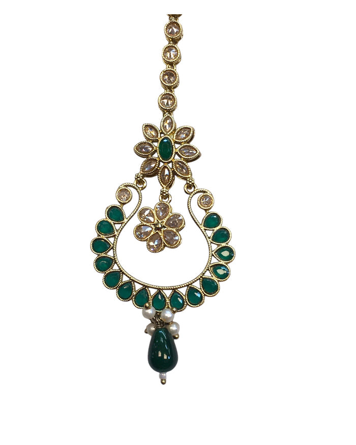 Green - Antique Gold Finish Large Size Tika Head Piece - Indian Ladies Fashion Jewellery - AE2440 11T24