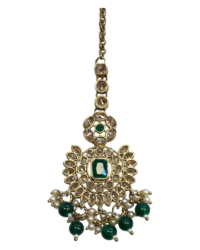 Green - Large - Antique Gold Finish Traditional Tika Head piece - Bollywood - Weddings - PRI1773 11V24