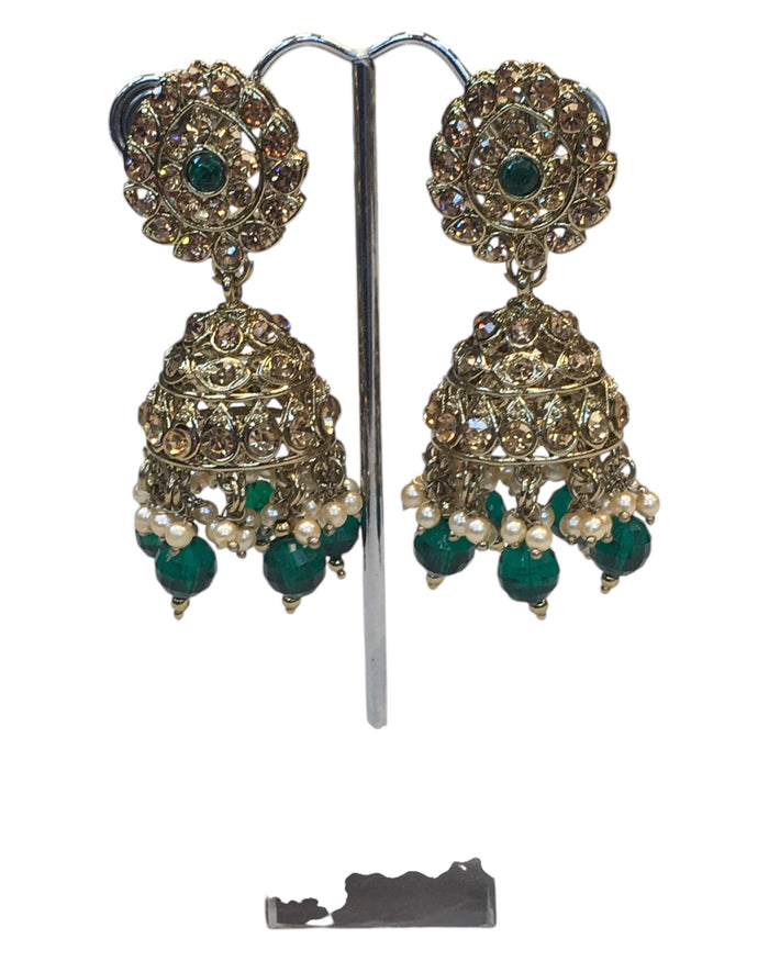 Green - Large Size Antique Gold Finish Necklace Set with Earrings - JIG49 11H24