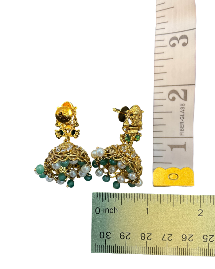 Green - Medium - Antique Gold Finish Traditional Earrings - Bollywood - Weddings - AE2611 P