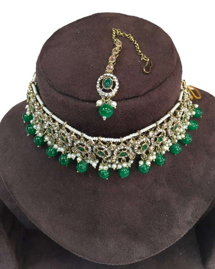 Green - Medium Size Antique Gold Finish Choker Necklace Set with Earrings - RAK149 C 0424