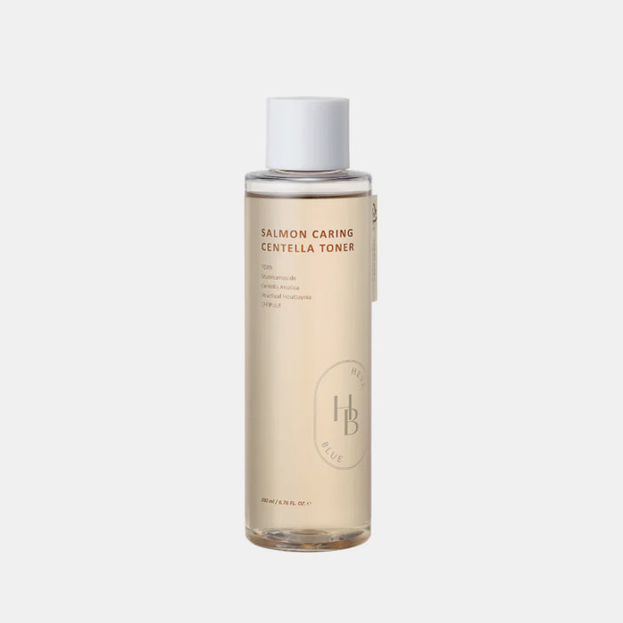 HEVEBLUE Salmon Caring Centella Toner is a lightweight, low-pH Korean facial toner designed to soothe sensitive skin and restore the skin barrier. It features a watery, non-sticky consistency that absorbs quickly, making it suitable for all skin types, particularly those dealing with dryness, irritation, or uneven texture.