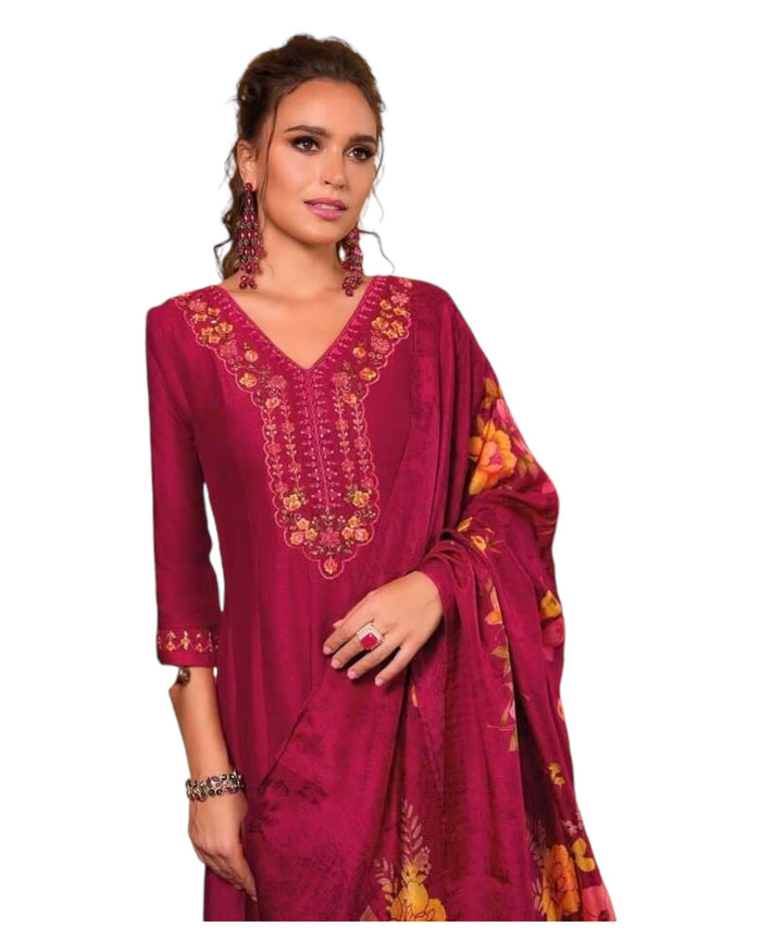 Magenta - Simple / Classy Ladies Indian Trousers Suit with Printed Dupatta - Size 12 (38") - LL22604 VV 1024