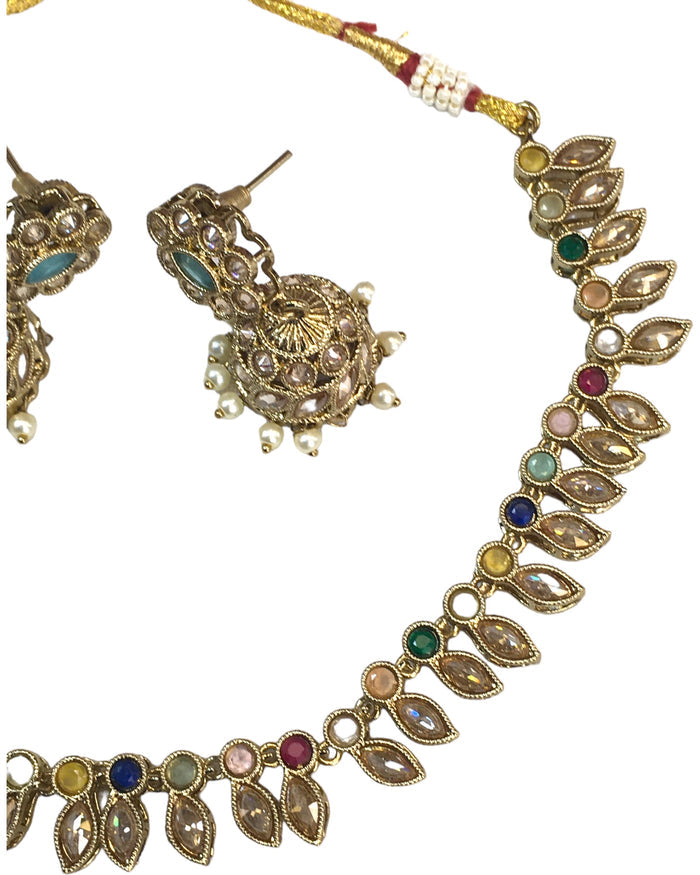 Multi Coloured - Small Size Antique Gold Finish Necklace Set with Earrings - SV2404 C 0424