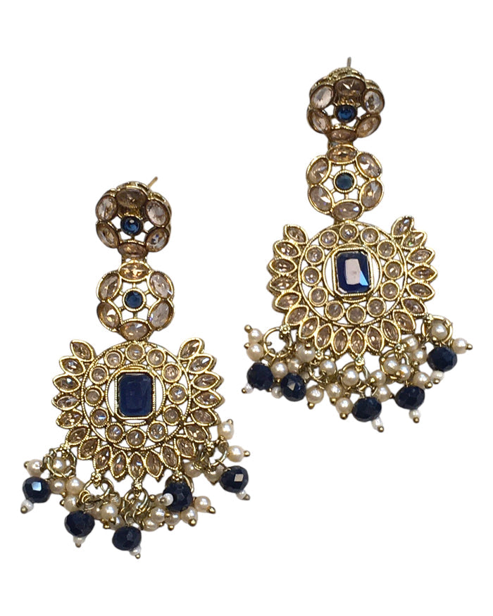 Navy Blue - Large - Antique Gold Finish Traditional Earrings - Bollywood - Weddings - PRI1773 11Tp24
