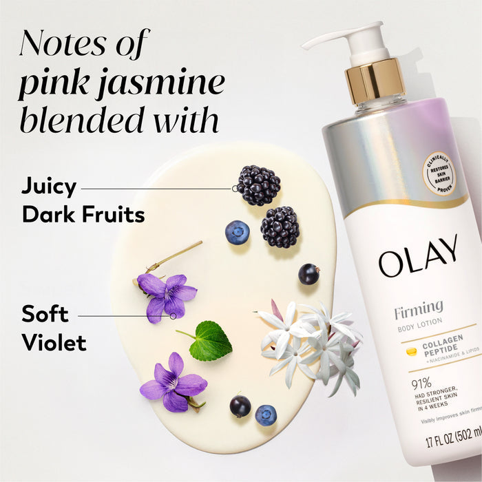 Olay Firming & Hydrating Body Lotion with Collagen bottle with fruit and flowers. Notes of pink jasmine blended with juicy dark fruits, soft violet.