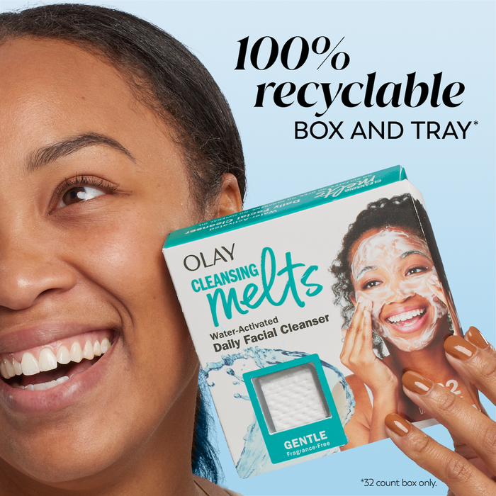 Model posing and smiling while holding gentle melts box. 100% recyclable box and tray. *32 count box only