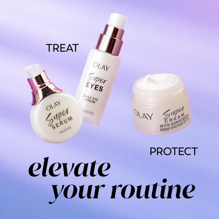 Olay Super Cream Mini with Sunscreen SPF 30 jar, Super Eyes bottle, Super Serum bottle. Thank Treat, protect. Elevate your routine.