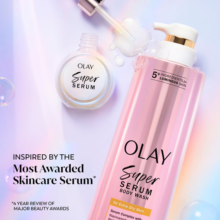 Olay Super Serum bottle and Super Serum Body Wash bottle. Inspired by the most awarded skincare serum *4 year review of major beauty awards.