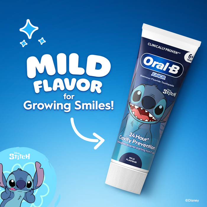 Oral-B Junior toothpaste tube with Stitch character on a blue background