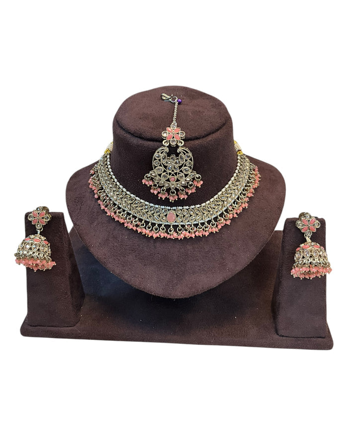 Peach - Medium Size Antique Gold Finish Necklace Set with Earrings & Tika Head piece - GGA05 KV 0525