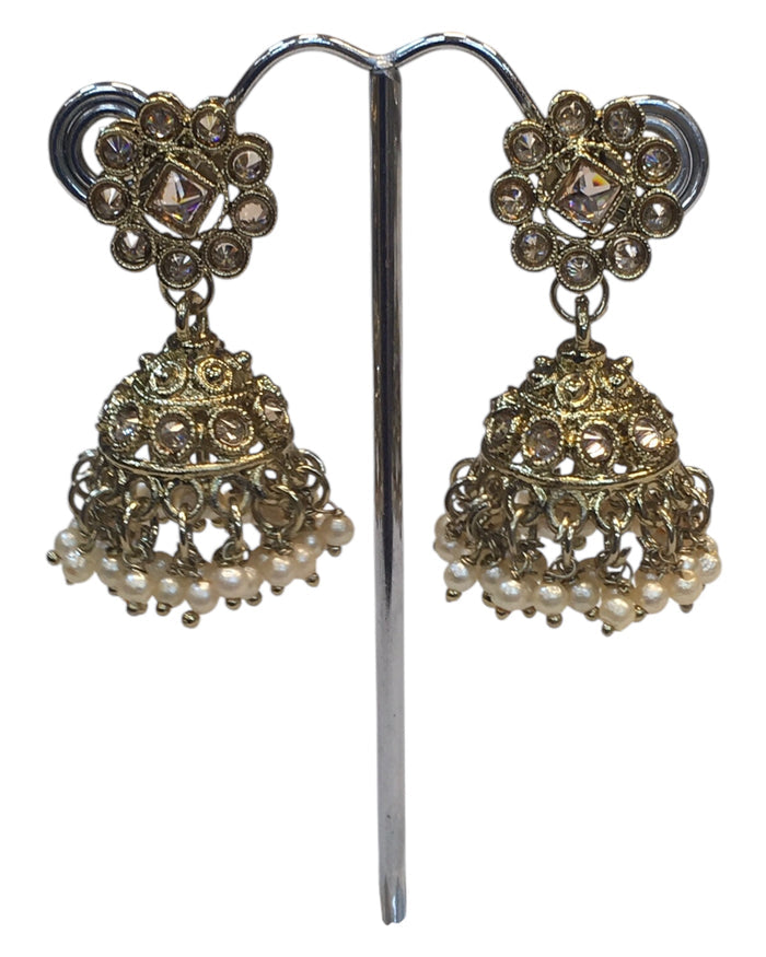 Pearl / Gold /. Neutral - Medium Size Antique Gold Finish Necklace Set with Earrings - PRI1786 11H24