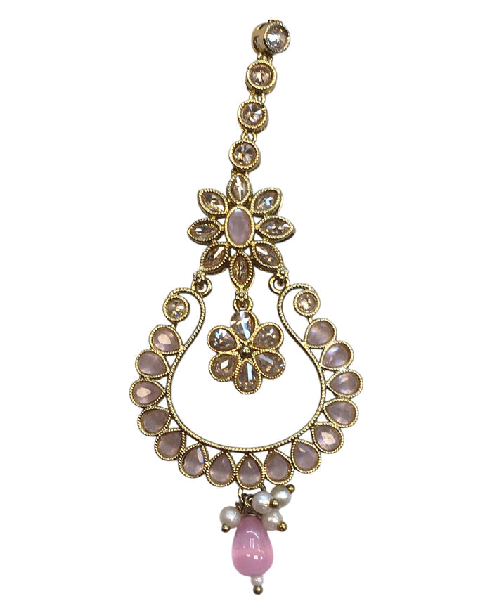 Pink - Antique Gold Finish Large Size Tika Head Piece - Indian Ladies Fashion Jewellery - AE2440 11T24