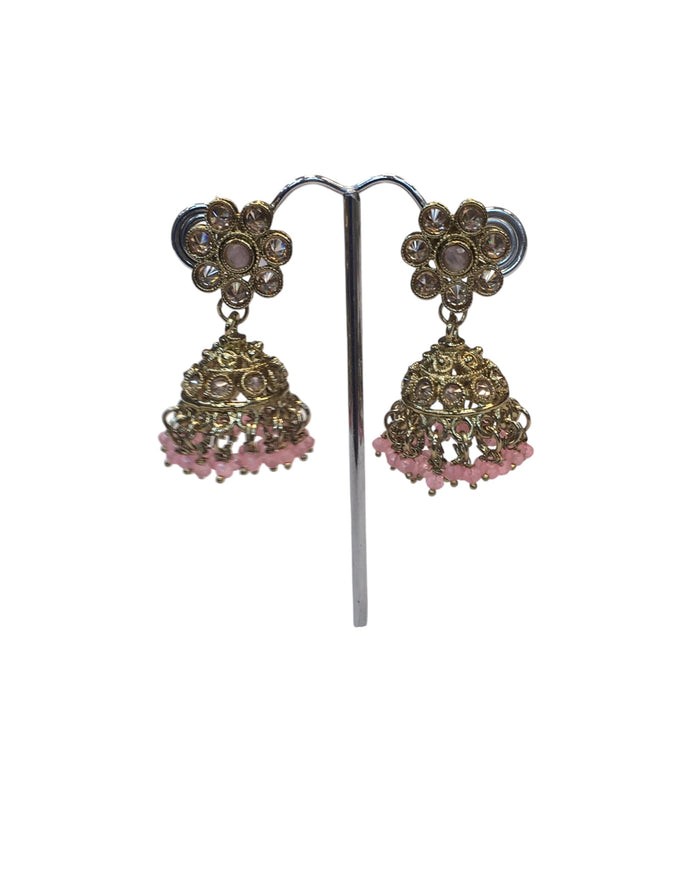 Pink - Medium Size Antique Gold Finish Necklace Set with Earrings - PRI1785 11H24