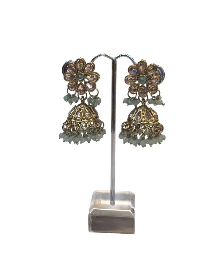 Sea Green - Medium Size Antique Gold Finish Necklace Set with Earrings - PRI1763 11H24