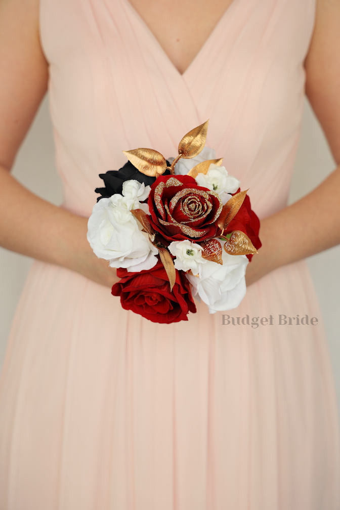 Silk Wedding Bouquet in Red, Black and Gold - $45.00 | Ruby Collection