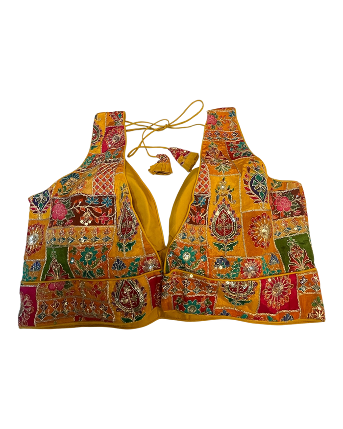 Size 40" / UK 14 - Yellow / Amber - Rich Silky Printed Saree blouse with cups - UK Stock - Quick Delivery - RNK - R961-KV