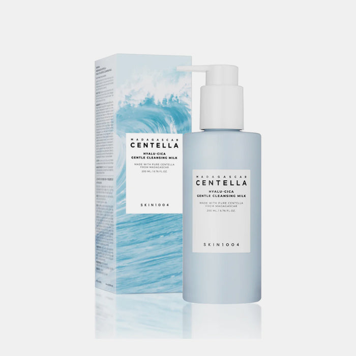 SKIN1004 Madagascar Centella Hyalu-Cica Gentle Cleansing Milk 200mL is a hydrating, non-foaming, pH 5.5 cleanser designed to remove impurities and light makeup while strengthening the skin barrier.