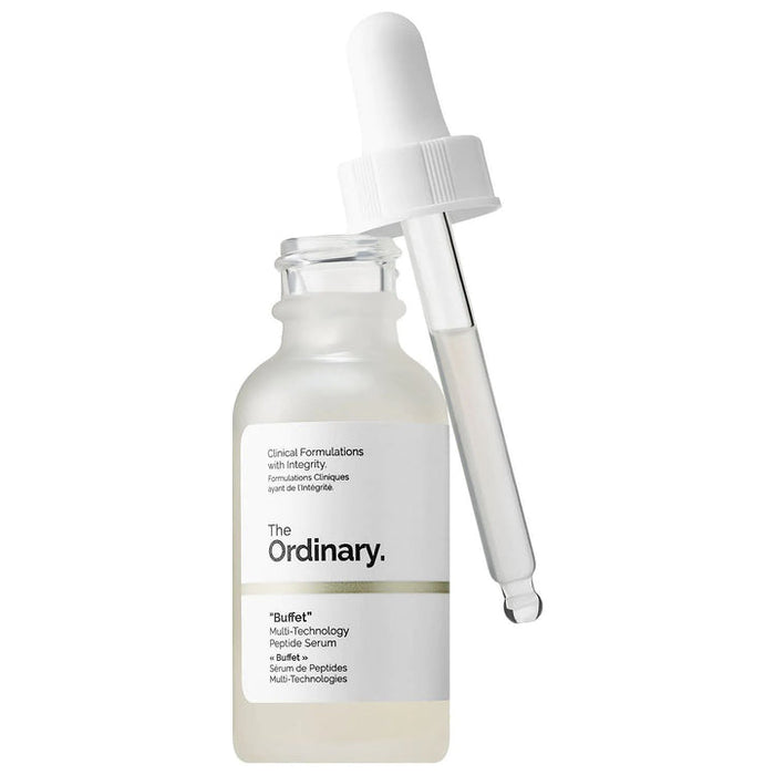 Skincare serum bottle with dropper labeled 'The Ordinary' on a white background