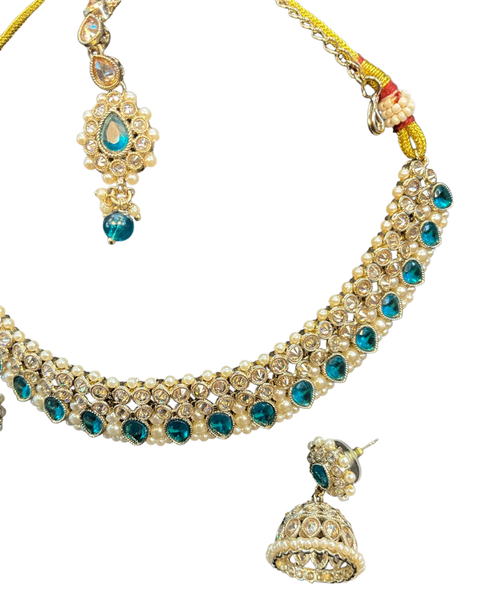 Turquoise - Medium Size Antique Gold Finish Necklace Set with Earrings & Head Piece - 6NS449 04H26