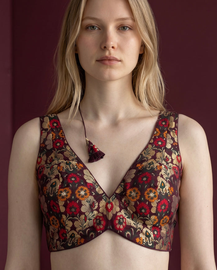 36" / UK 10 - Wine - Rich Banarasi Designer Saree blouse with cups,  Sleeveless - UK Stock - Quick Delivery - RNK - R1007-KK