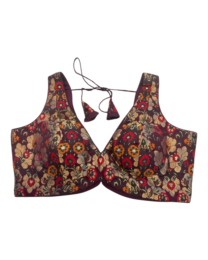 36" / UK 10 - Wine - Rich Banarasi Designer Saree blouse with cups,  Sleeveless - UK Stock - Quick Delivery - RNK - R1007-KK