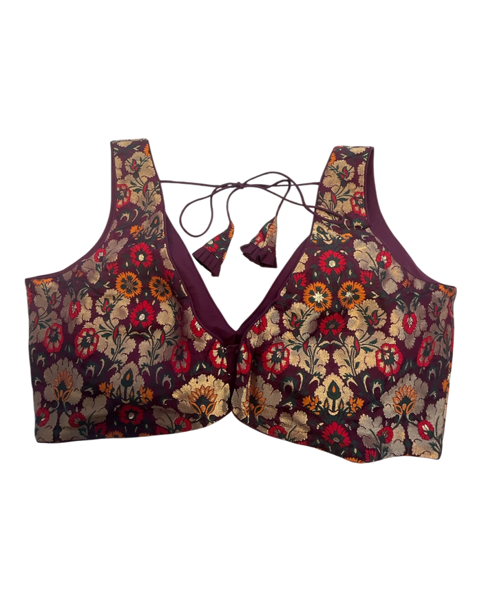 36" / UK 10 - Wine - Rich Banarasi Designer Saree blouse with cups,  Sleeveless - UK Stock - Quick Delivery - RNK - R1007-KK