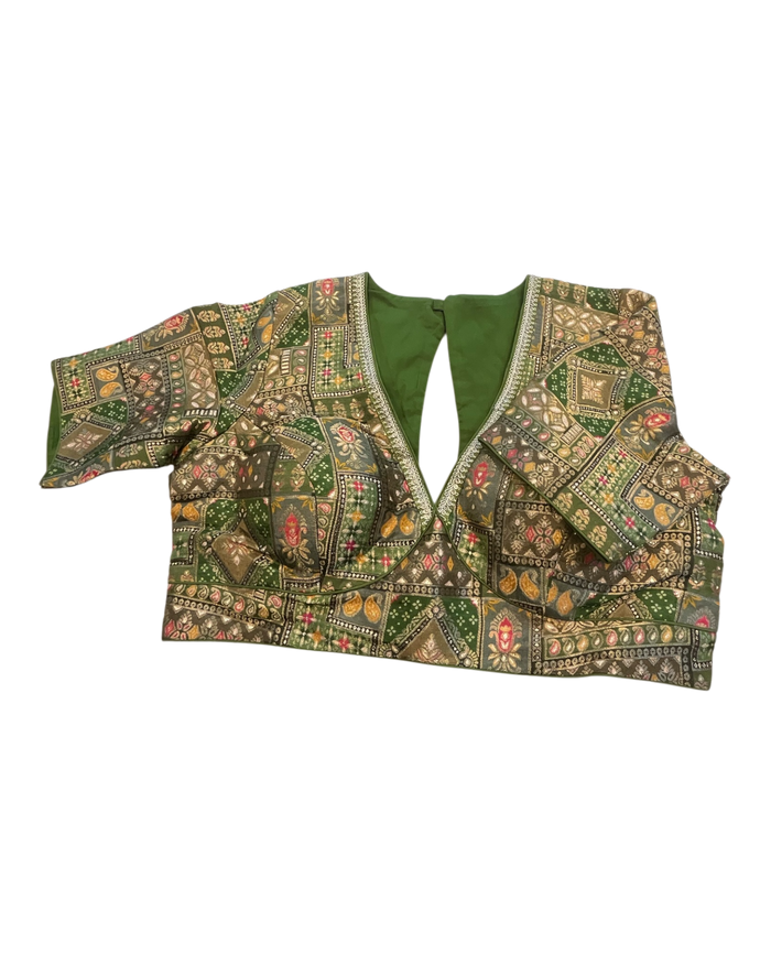 38" / UK 12 - Henna Green - Rich Banarasi Brocade Saree blouse with cups - UK Stock - Quick Delivery - RNK - R958-KC