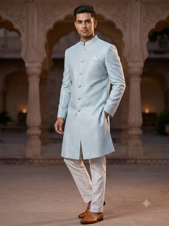 40" - SALE ! - Light Blue - Classic Rich Brocade Mens Sherwani - Smart Trousers - UK stock - 2/3 Days Delivery - YD2351 03JR232