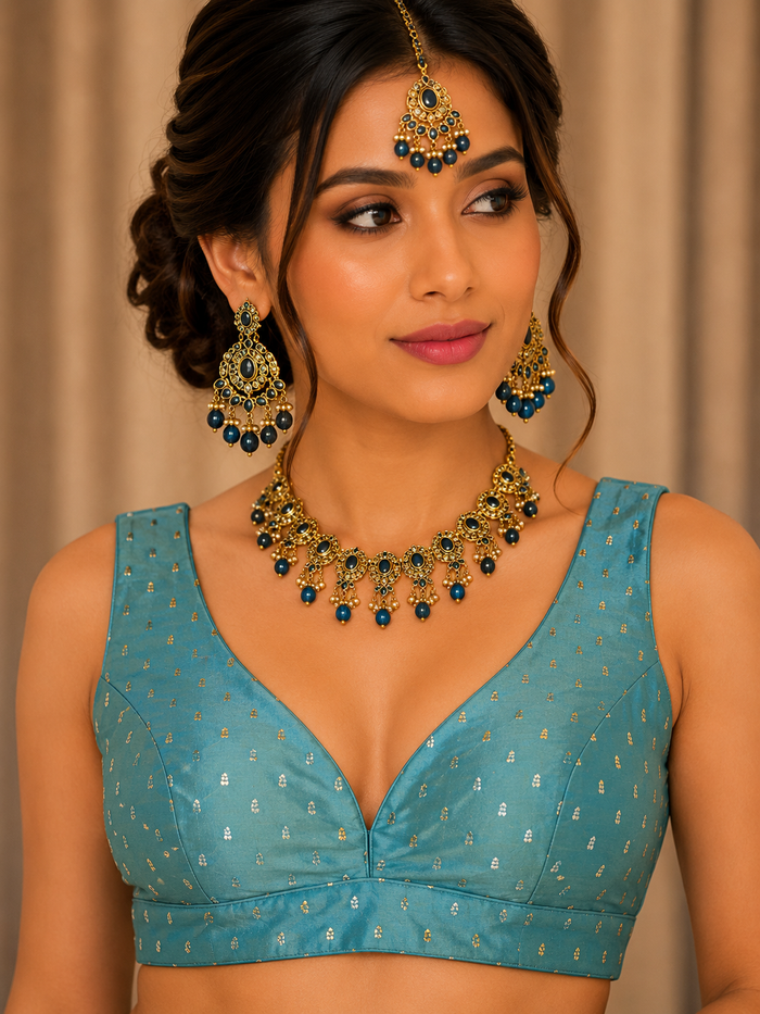 40" / UK 14 - Light Blue - Silky Designer Saree blouse with cups,  Sleeveless - UK Stock - Quick Delivery - RNK - R717 KV
