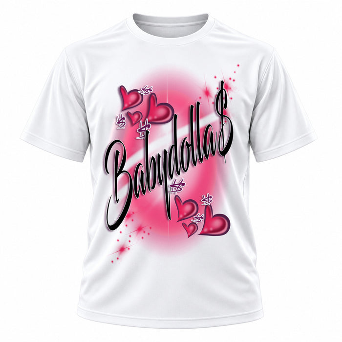 Personalized Heart Lettering T-Shirt, front-view T-shirt mockup featuring custom Air-Volution artwork by Mythic Airbrush