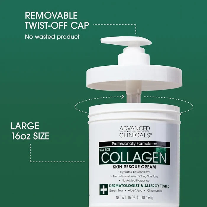 Collagen skin rescue cream with a pump and removable twist-off cap on a green background