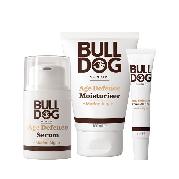 The Age Defence Skincare Routine Bundle features a potent antioxidant complex with Marine Algae. Displayed on a clean white background, its the perfect addition to your daily skincare regimen.