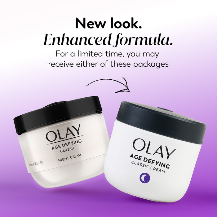 Two Olay Age Defying Classic Night Cream jars on a purple background with promotional text.