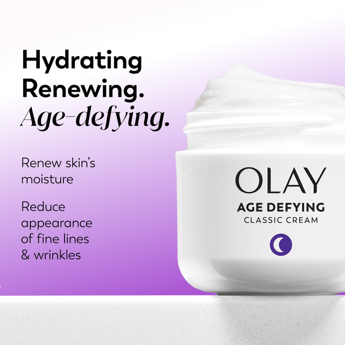 Olay Age Defying Classic Cream jar with text on a purple background
