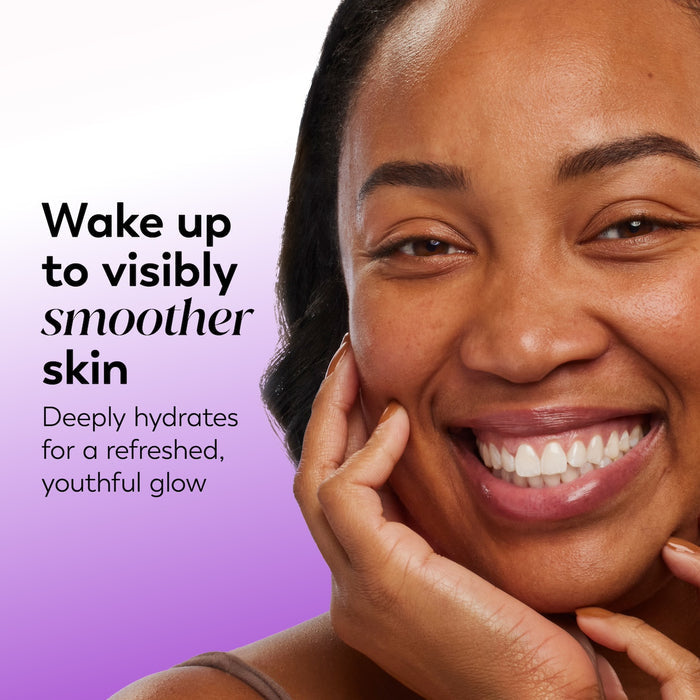 Woman with smooth skin on a purple background with text about visibly smoother skin.